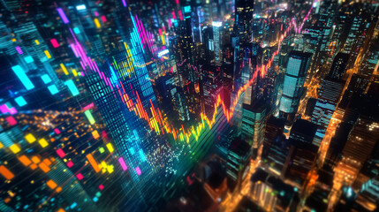 A 3D stock market graph rising sharply with vibrant colors, amidst a backdrop of a bustling cityscape at night