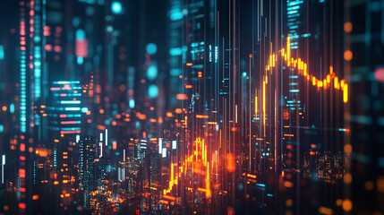 Obraz premium A 3D stock market graph rising sharply with vibrant colors, amidst a backdrop of a bustling cityscape at night