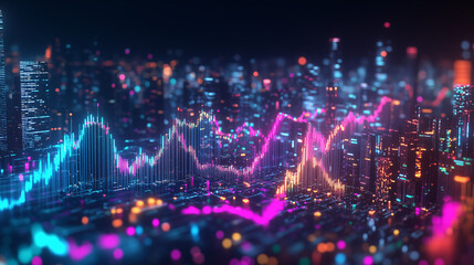 Obraz premium A 3D stock market graph rising sharply with vibrant colors, amidst a backdrop of a bustling cityscape at night
