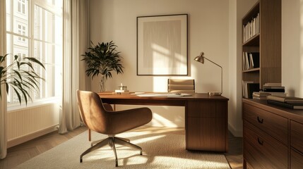Fototapeta premium A 3D render showing a study room with a wooden desk, plush chair, warm lighting, and a detailed floor plan, against a clean white background