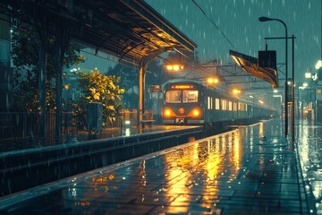 Fototapeta premium A Serene Rainy Train Station With Soft Lighting And Cozy Reflections On Puddles And Wet Surfaces. Cozy Vibe, Generative AI 