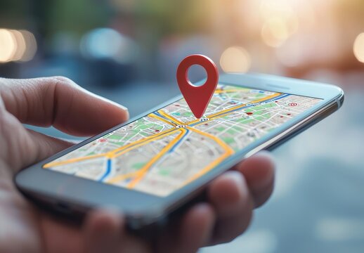 A person is currently holding a cell phone that displays a map on its screen