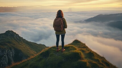 Obraz premium A young woman with a backpack stands atop a grassy mountain peak, looking out over a valley enveloped in fog. The sky glows orange with the sunset, and the surrounding hills are cloaked in mist.