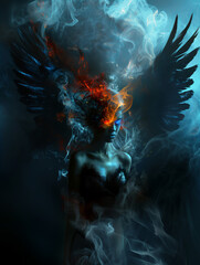 A mesmerizing and surreal image of a winged figure with fire and smoke swirling above their head, blending fiery red and cool blue tones, evoking a sense of power and mystery
