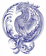 A detailed line art illustration of a phoenix with blue eyes in a circular frame of stylized, organic shapes.