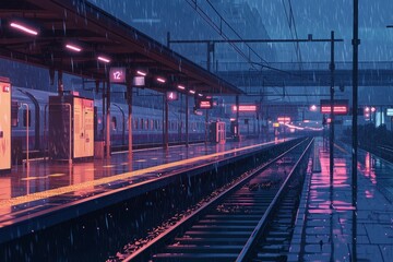 Naklejka premium A Serene Rainy Train Station With Warm Light From Lamps Creating A Cozy Atmosphere On The Wet Platform. Cozy Vibe, Generative AI