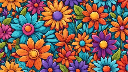 Fototapeta premium Colorful floral pattern with bright daisies in blue, orange, yellow and purple.