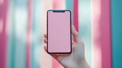 close-up hand holding smartphone blank screen for text and content with pastel background