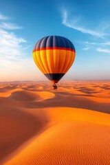 Obraz premium A vintage hot air balloon soaring above endless desert dunes, with soft shadows cast by the morning sun. 