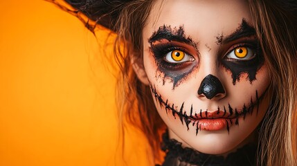 A close-up shot of a woman with a scary Halloween makeup. Her eyes are bright yellow, her face is painted black, and her lips are red.