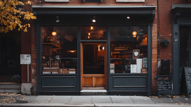 A storefront with a wooden door and brick facade