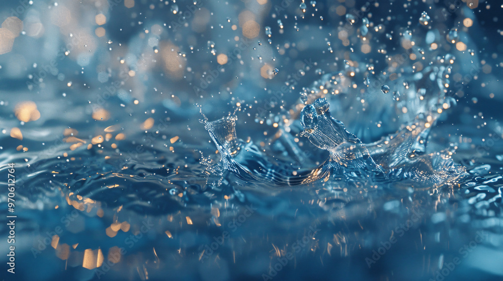 Poster a close-up of water droplets splashing on a surface, creating a mesmerizing visual effect with shimm