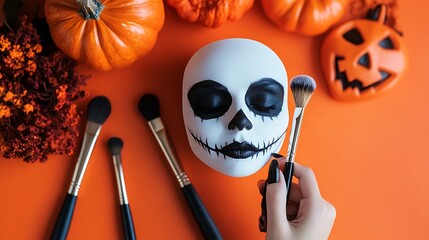 A white mannequin face with black Halloween makeup is being applied with a brush. Pumpkins and dried flowers are on an orange background.