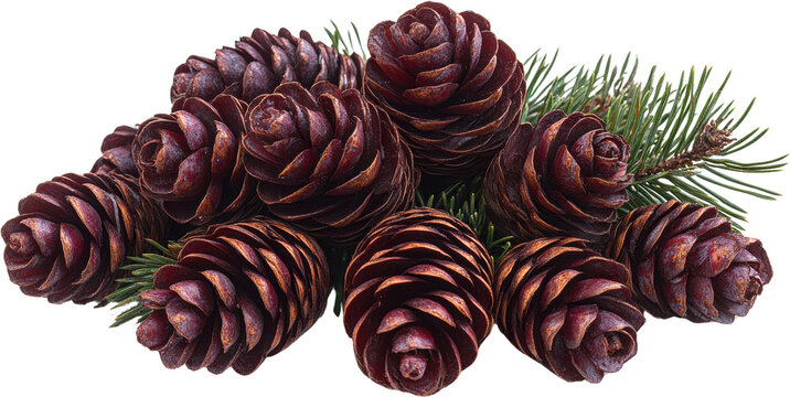 Cluster of Pine Cones with Greenery on Transparent Background