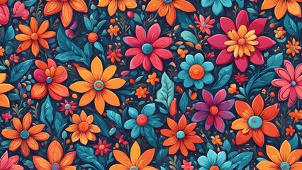 A seamless pattern of colorful flowers on a dark blue background.