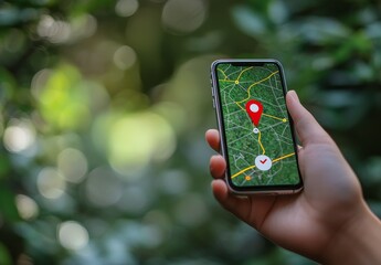 A person is holding a mobile phone displaying a map on screen