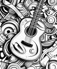 A black and white doodle illustration of a guitar surrounded by various objects.