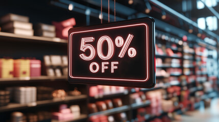 Neon 50% off sale sign in a retail store with blurred background