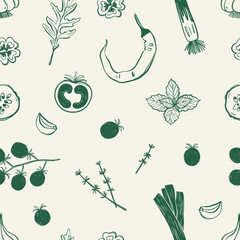 Hand Drawn Linear Style Seamless Pattern with Vegetables.