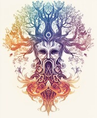 A colorful, intricate illustration of a tree with a human face in the center.