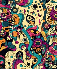 Abstract psychedelic pattern with bright colors and organic shapes, featuring eyes, teeth, and swirling lines.