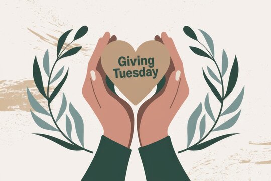 Hands Holding Heart with Giving Tuesday Message Surrounded by Leaves Image