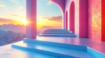 Fototapeta premium Breathtaking view of colorful architecture at sunset, showcasing vibrant arches and serene landscape, perfect for tranquil settings.