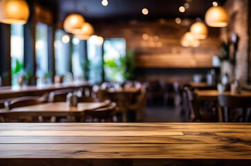 photo wooden table and blurred background of outdoor restaurant with bokeh light	