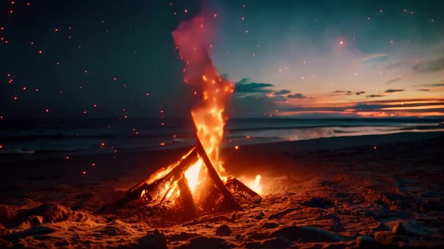 A crackling bonfire burns brightly on a sandy beach under a starry night sky, A starlit bonfire on a sandy beach