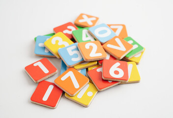 Number wood block cubes for learning Mathematic, education math concept.