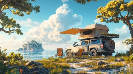 Campers relax in chairs amidst nature, overlooking a serene island. Their overland vehicle, complete with rooftop tent and awning, provides a comfortable base for their adventure.