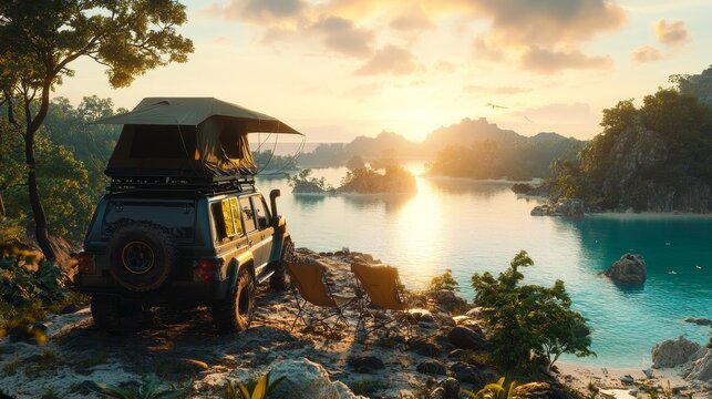 Campers relax in chairs amidst nature, overlooking a serene island. Their overland vehicle, complete with rooftop tent and awning, provides a comfortable base for their adventure.