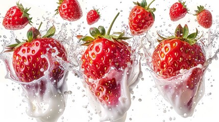 milk or yogurt splash with strawberries isolated on white background, 3d rendering.