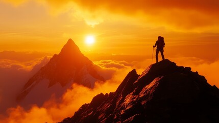 Fototapeta premium Climber's silhouette adorns mountain summit.