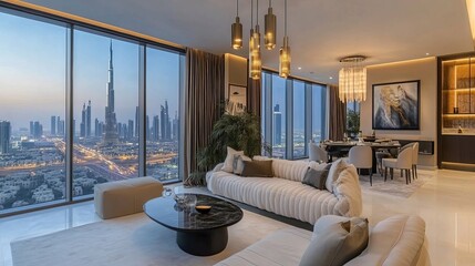 Imagine the stunning interiors of a high-end Dubai apartment. The scene features modern, elegant furnishings
