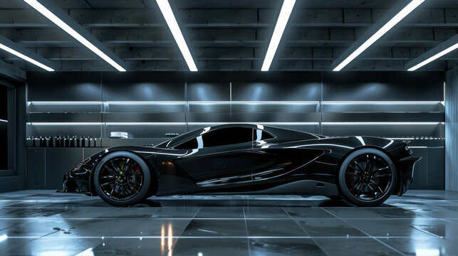 A black sports car is parked in a showroom