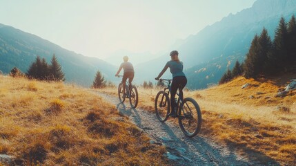 Obraz premium Couple enjoys mountain biking for fitness and exercise. Cyclists explore nature outdoors with adventure and sports training for health and happiness.
