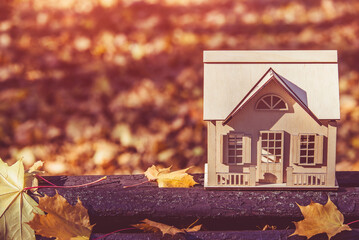 The symbol of the house stands among the fallen autumn leaves
