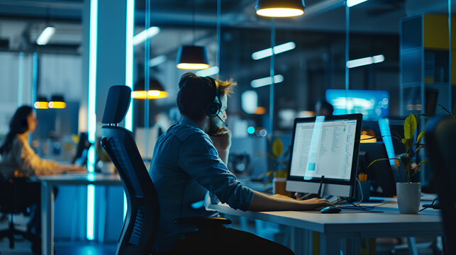 Cybersecurity Guardian: A focused IT professional works late, safeguarding data in a high-tech security operations center illuminated by the cool glow of monitors.  