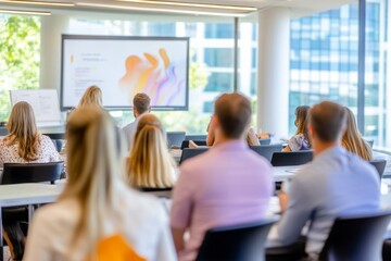 A corporate training session in a modern conference room with large windows letting in natural light