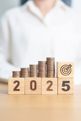 Happy New Year 2025 with Coins stack and dartboard icon. Strategy, goal, Money, Budget, tax,...