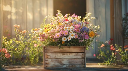 Fototapeta premium Wildflowers in Wooden Box.