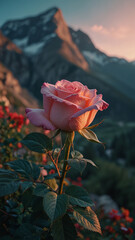 Enlightened rose in mountains during the day on vertical photography 5.