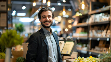 Obraz premium The Entrepreneur's Grocery: A proud young business owner beams with satisfaction, standing amidst the vibrant produce and shelves of his organic grocery store. 