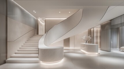 A curved staircase in the living room with a minimalist aesthetic.	