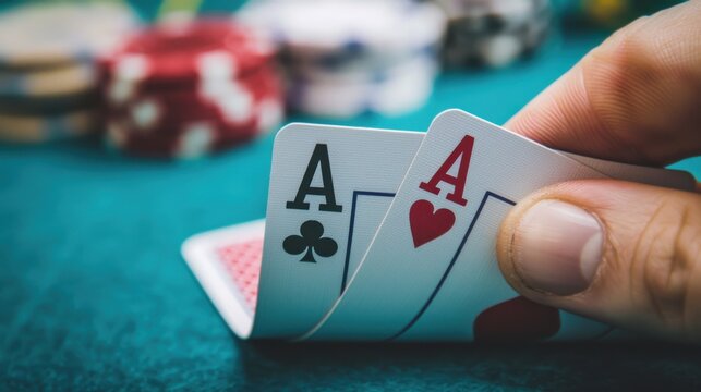 Playing cards on the table, a Close - up view of a poker game, hand holding pair of Aces, hearts and spades ace cards on winning hand
