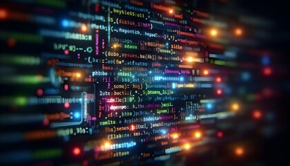 Close-up shot of colorful programming code on a dark screen with a tilt-shift lens effect, underlying a technology concept