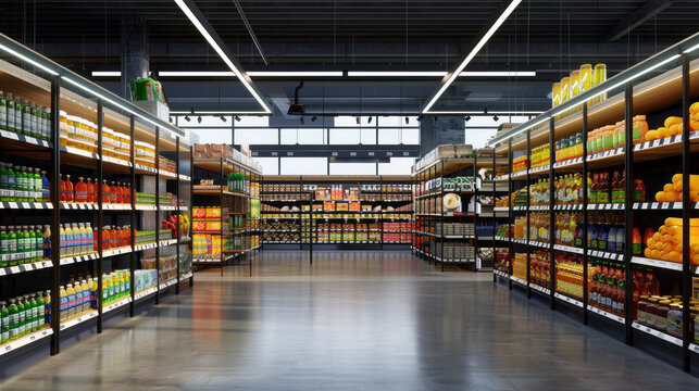 A large grocery store with a lot of shelves and aisles
