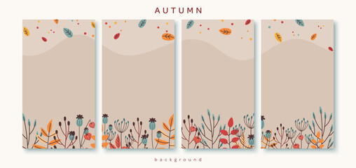 Naklejka premium Abstract autumn social media post templates set with collage element of simple trendy style. Collection of backgrounds in flat design. Concept of posters with fall leaves, plants. Stock illustration.