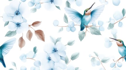 Boho blue hummingbirds in a delicate nature pattern, rendered in watercolor style and seamlessly integrated on a white background. 